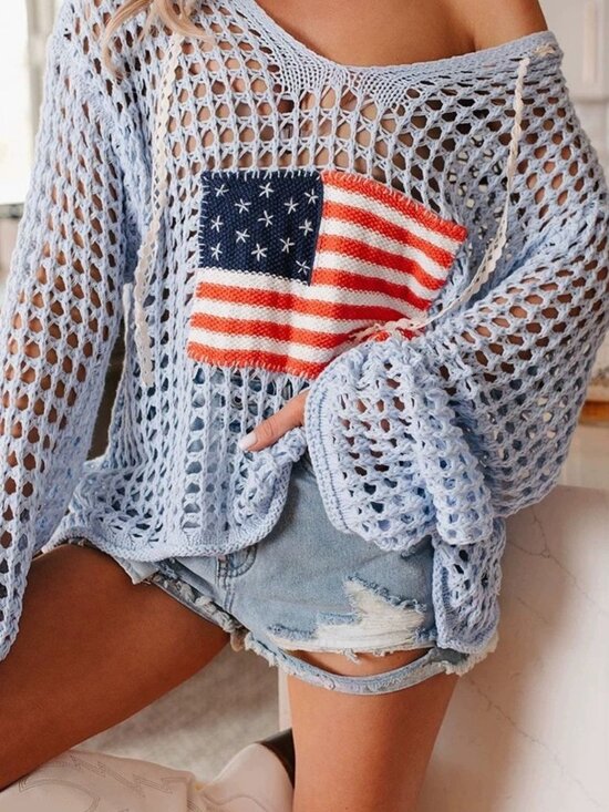 Other - Hollow Out Crochet Knit American Flag Patched Knit Cover Up